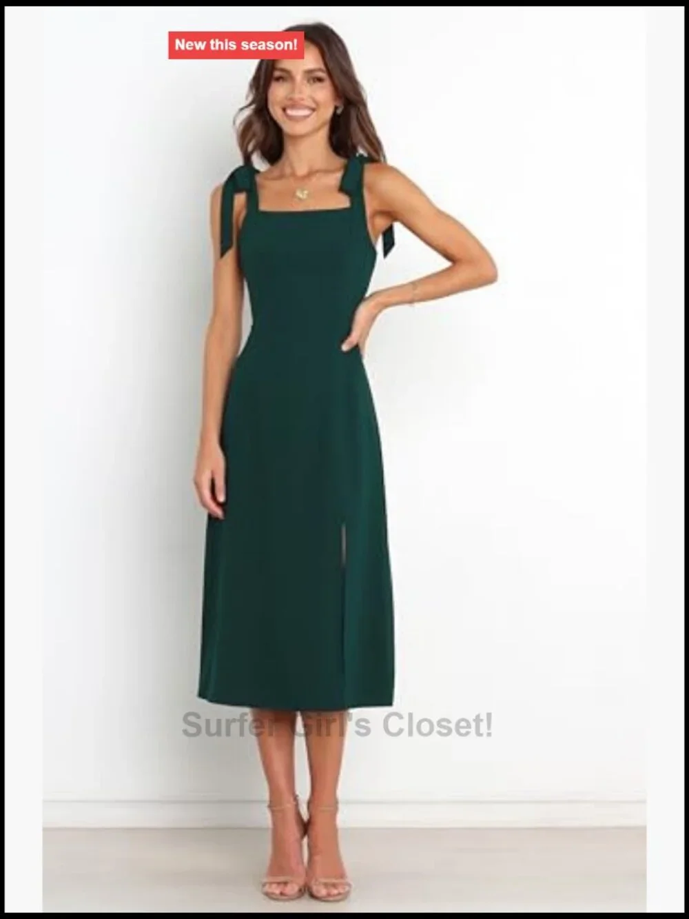 Emerald Midi A-Line Dress Square Neck Tie Back Sleeveless Zipper